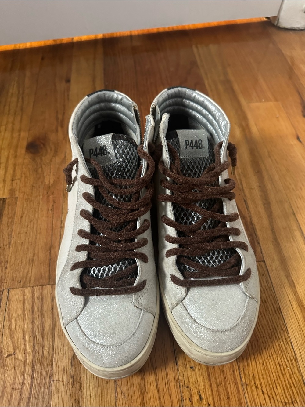 P448 Silver Glitter High-Top Sneakers with Brown Laces